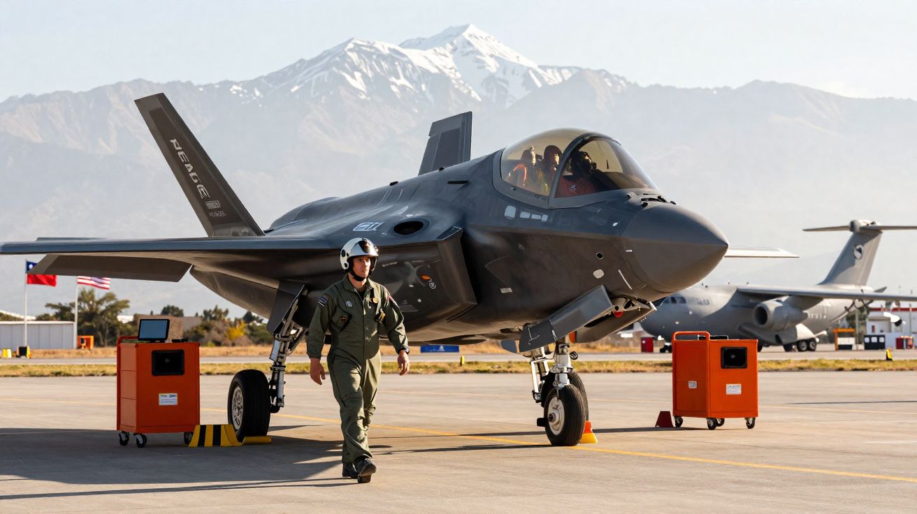 Caça F-35 Lightning II estacionado em pista com piloto caminhando e montanhas ao fundo em dia ensolarado.