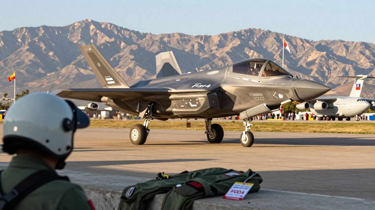 Caça furtivo F-35A taxiando no aeroporto com montanhas ao fundo durante evento aéreo.