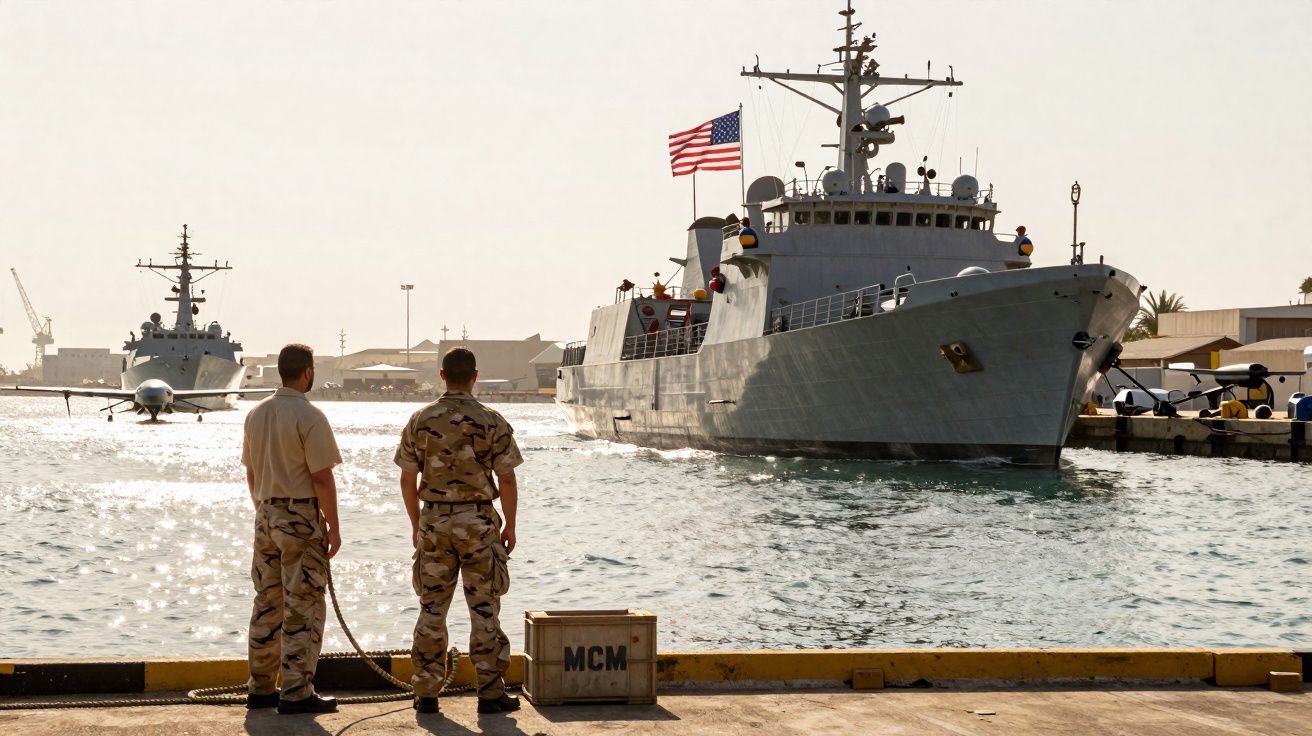 Dois militares observam navio de guerra com bandeira dos EUA atracado em porto ensolarado.