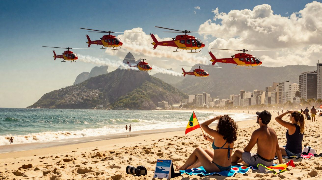 Seis helicópteros vermelhos sobrevoando praia com montanhas e pessoas observando ao fundo no Rio de Janeiro.