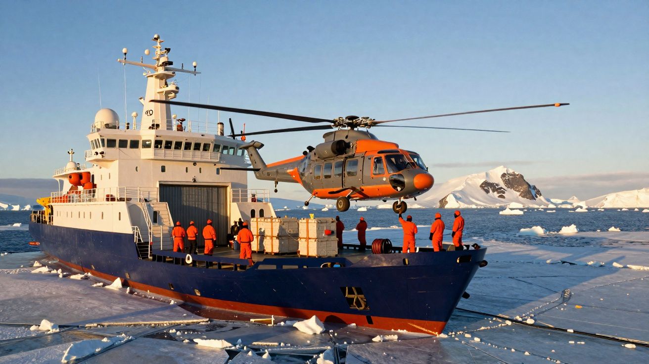 Navio de pesquisa na Antártida com pessoas em trajes laranja e helicóptero pousando sobre o convés.