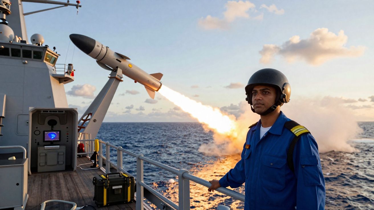 Tiro de míssil de defesa naval com militar observando no convés de navio ao pôr do sol.