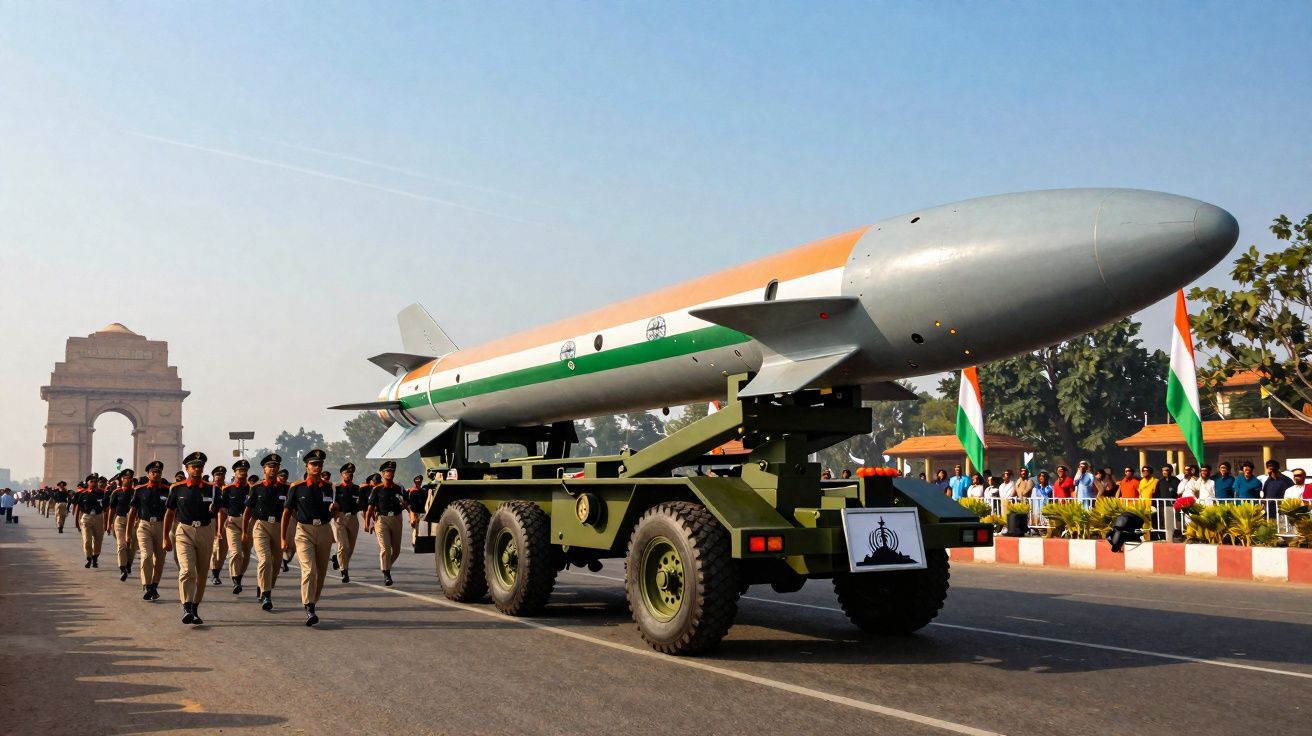 Míssil indiano em desfile militar com soldados marchando e o Portal da Índia ao fundo.