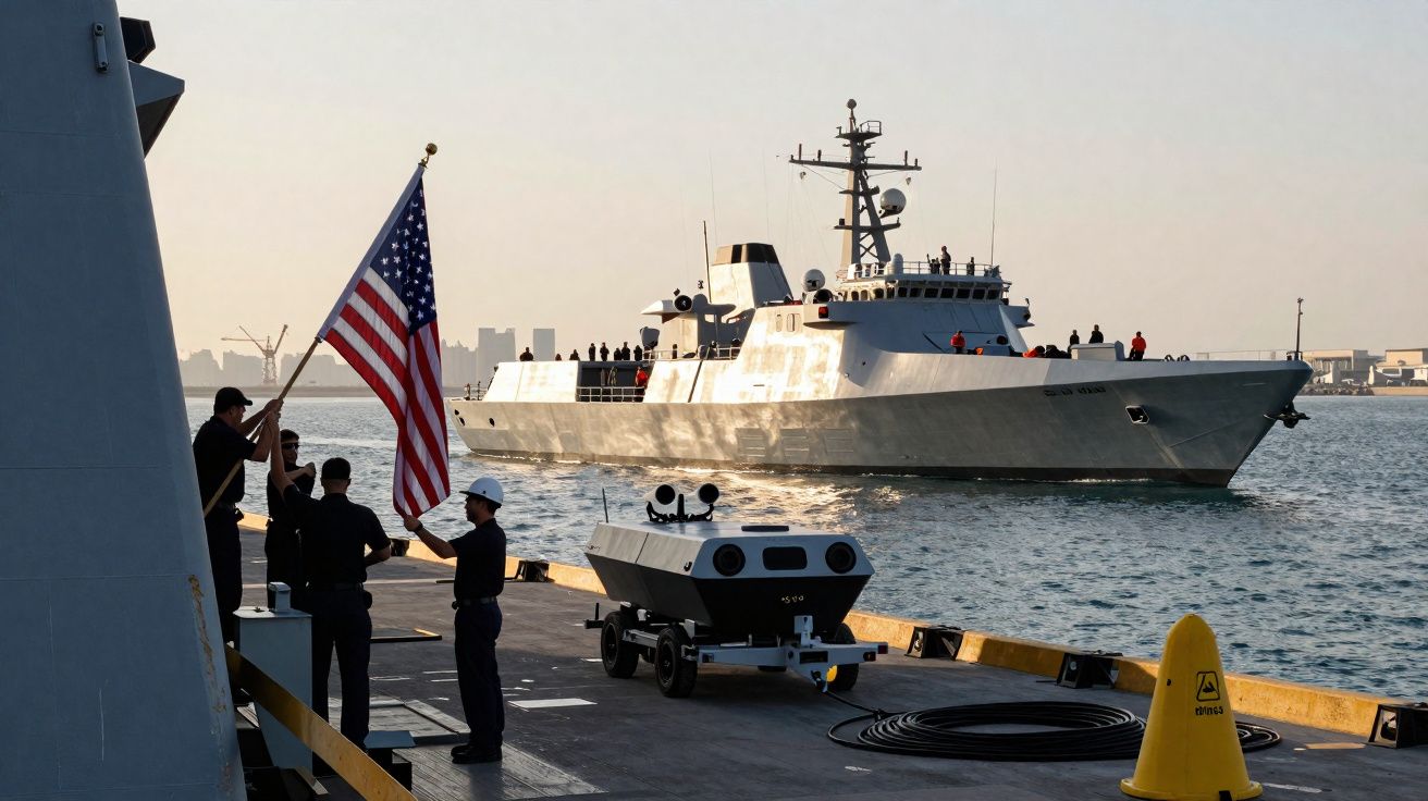Tripulação naval hasteando bandeira dos EUA em convés de navio com outro navio militar ao fundo no mar.