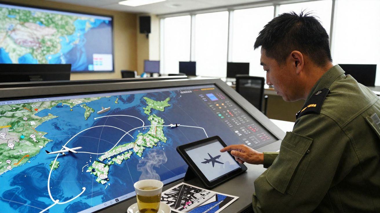 Homem em uniforme militar monitora rota de aviões em tela digital com mapa e tablet na mesa.