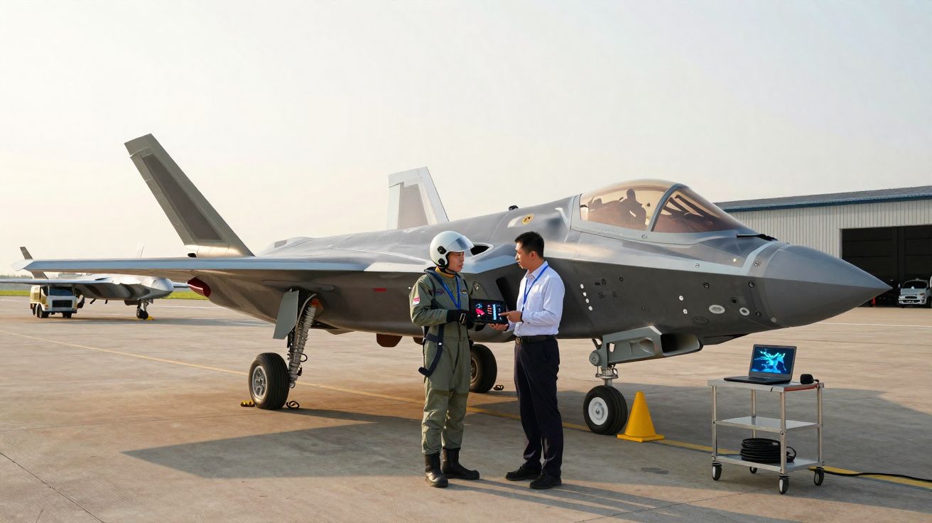 Piloto e técnico ao lado de jato militar cinza estacionado em hangar sob céu claro.