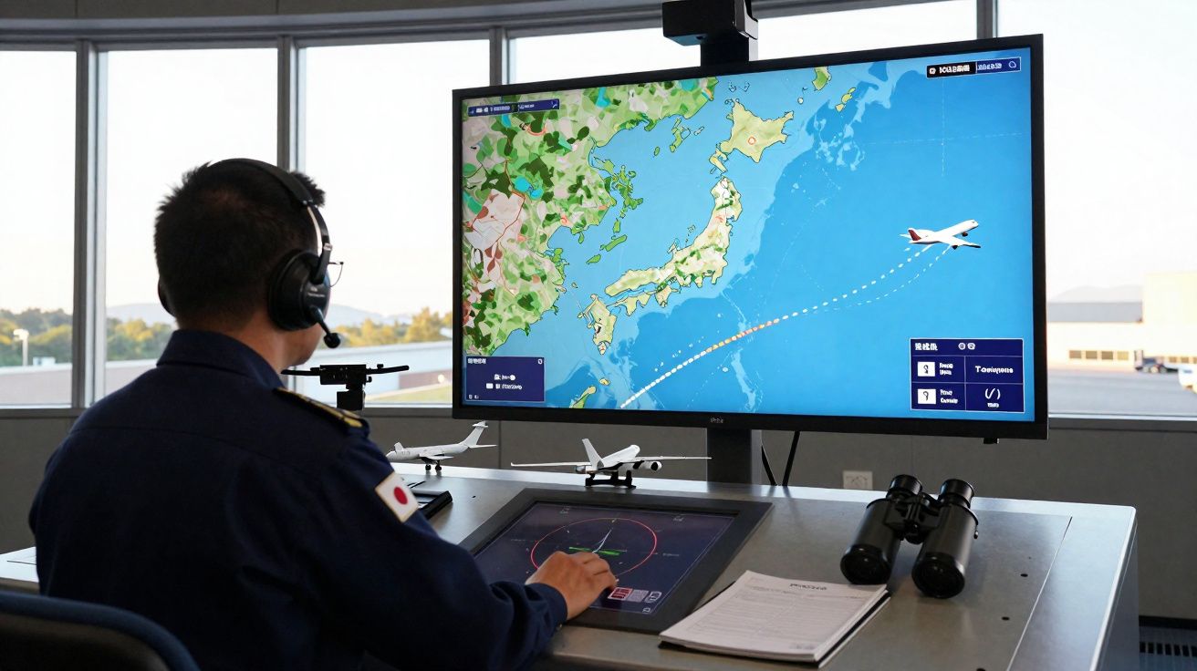 Homem com fone e uniforme controla trajeto de avião em tela de radar em sala com janelas amplas.