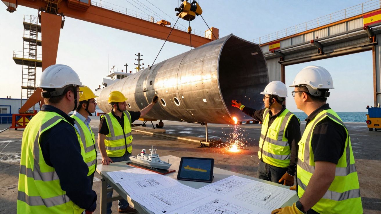 Cinco trabalhadores com capacetes e coletes refletores observam soldagem em estrutura metálica em estaleiro naval.
