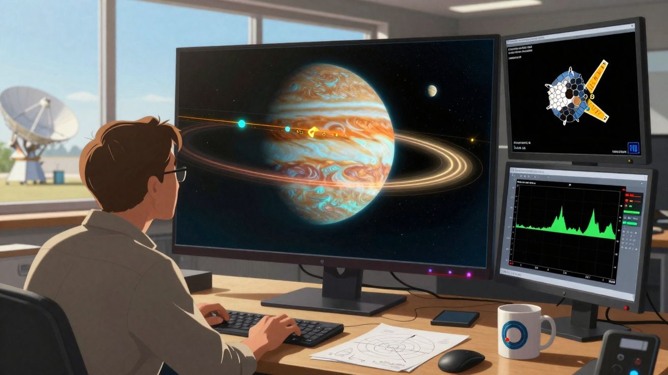 Homem analisa dados sobre o planeta Júpiter em três monitores em escritório com antena parabólica ao fundo.