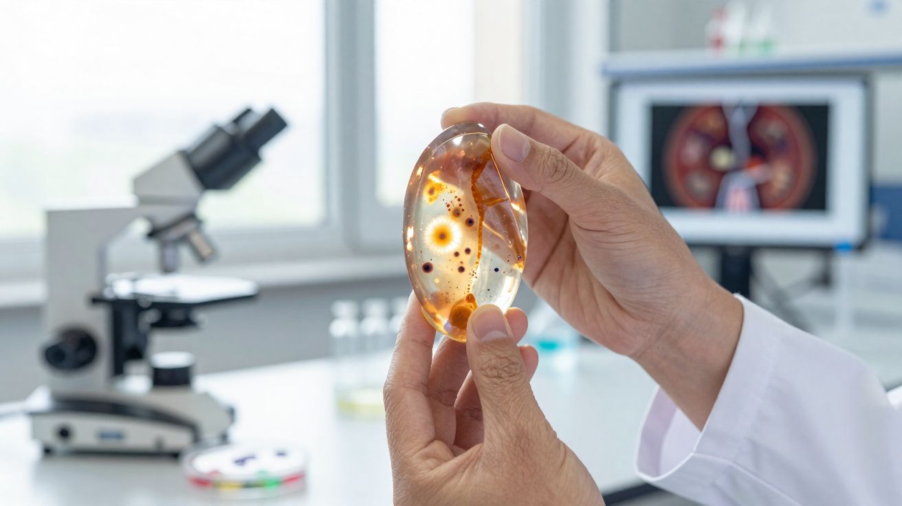 Mãos seguram amostra translúcida com padrões laranja em laboratório com microscópio ao fundo.
