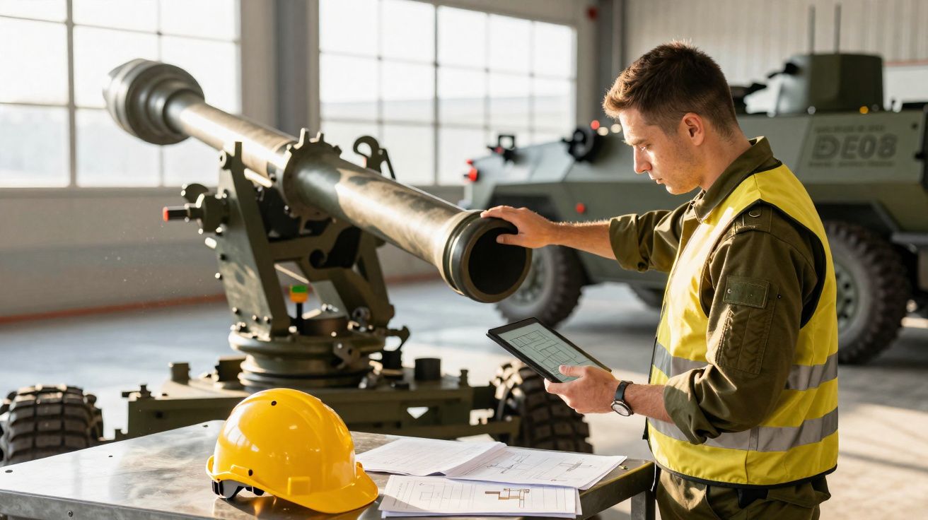 Militar em colete refletivo usando tablet próximo a canhão em ambiente interno com veículo militar ao fundo.