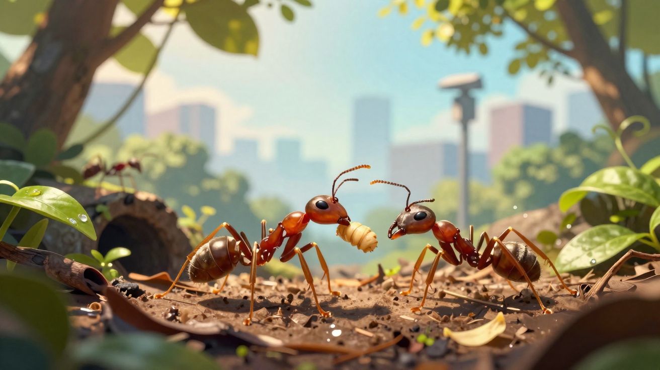 Duas formigas vermelhas se comunicando no chão em um ambiente natural com cidade ao fundo.