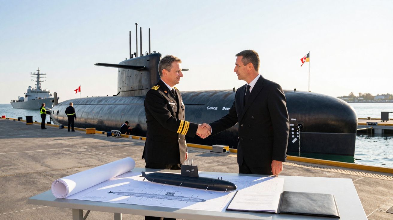 Dois homens em trajes formais apertando as mãos em um cais, com um submarino e um modelo na mesa à frente.