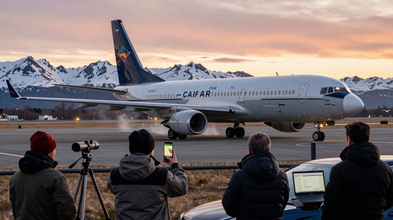 Quatro pessoas observam e registram avião da CAI FAR taxiando em aeroporto com montanhas ao fundo.