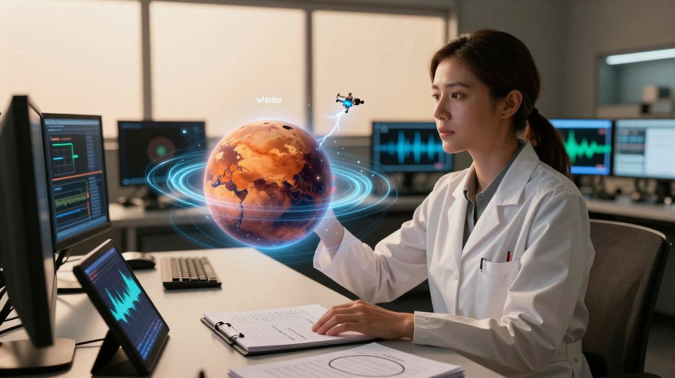 Mulher cientista em laboratório segurando holograma de planeta vermelho com satélite orbitando.