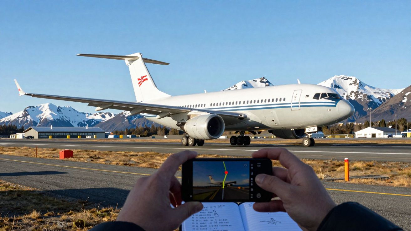 Pessoa tirando foto de avião branco parado em pista com montanhas nevadas ao fundo.