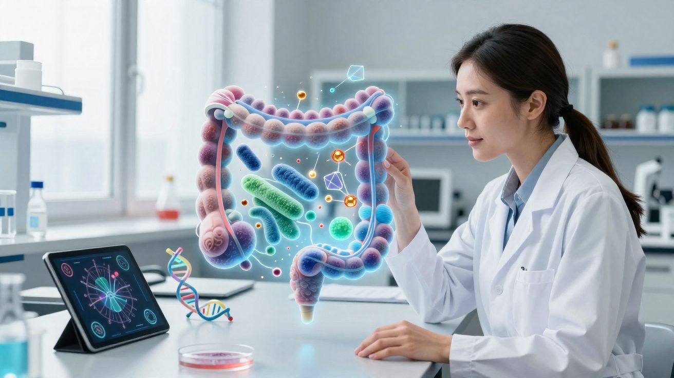Pesquisadora em laboratório estuda microbioma do intestino ilustrado em holograma 3D.