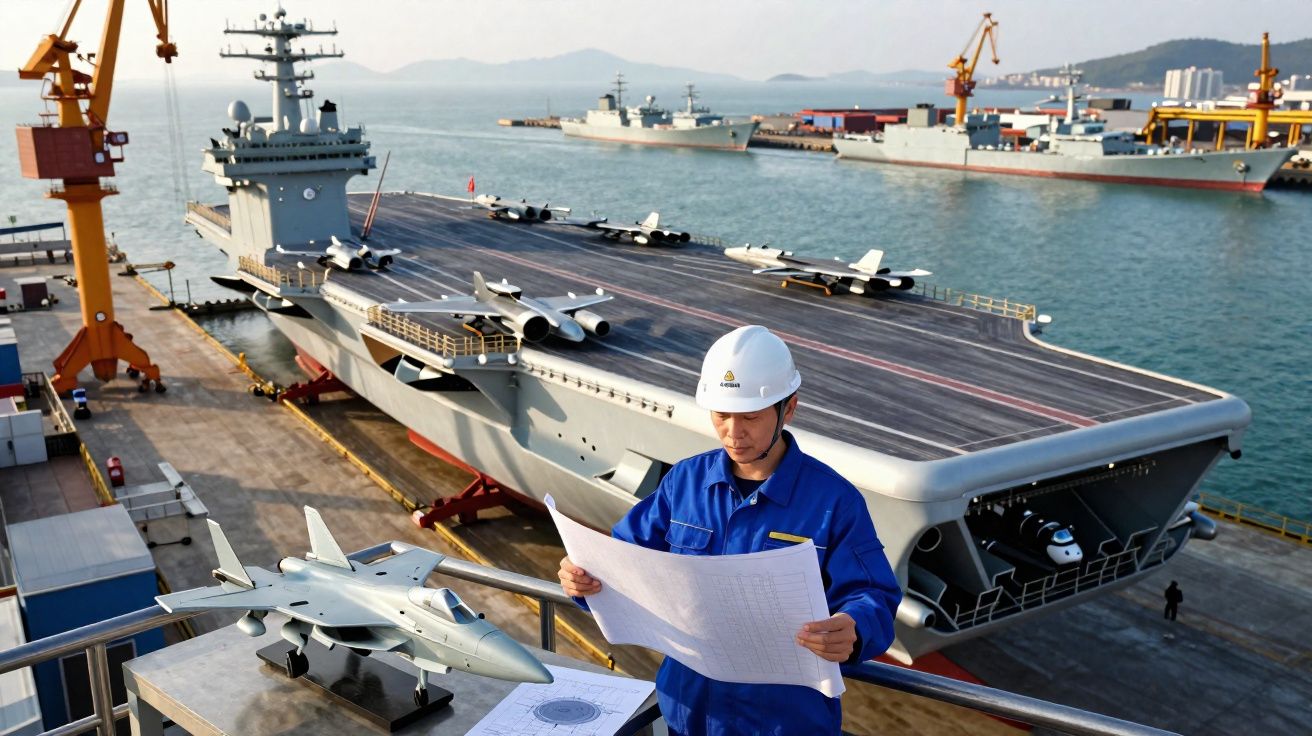 Homem de azul com capacete branco analisa planta em porto com porta-aviões e caças ao fundo.