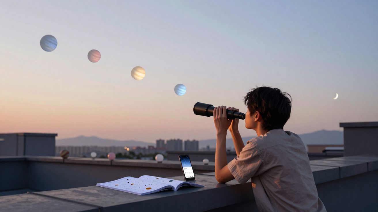 Jovem observa o céu ao entardecer com telescópio, com planetas e lua crescente ao fundo.