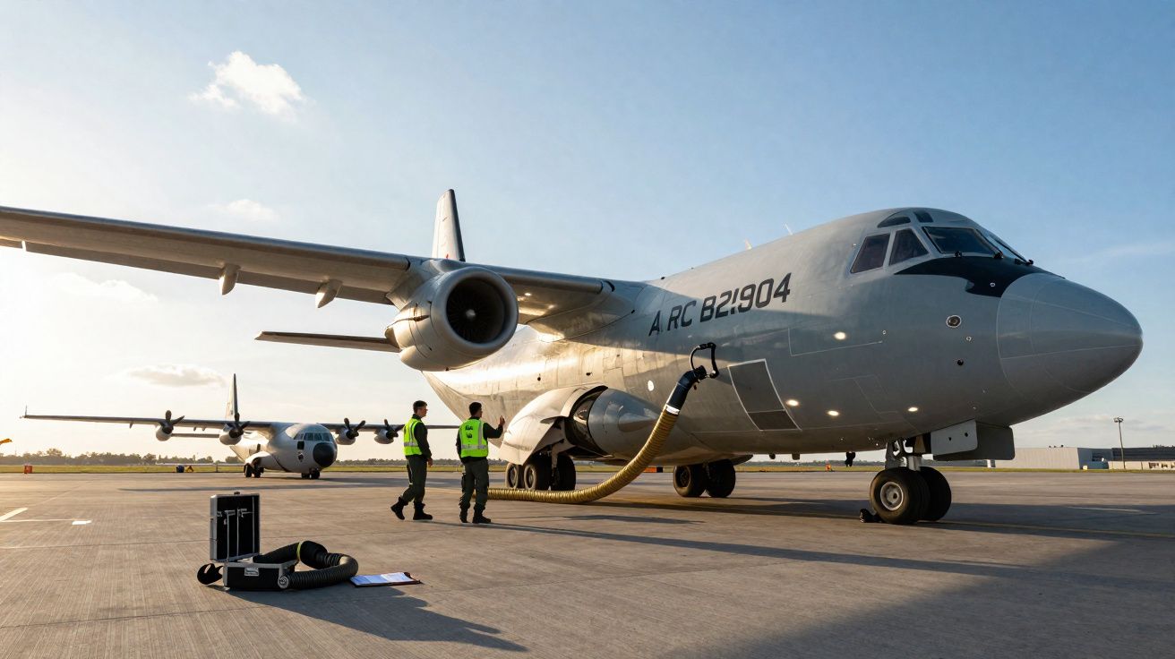 Avião militar cinza sendo abastecido por dois técnicos em pista de aeroporto ao entardecer.