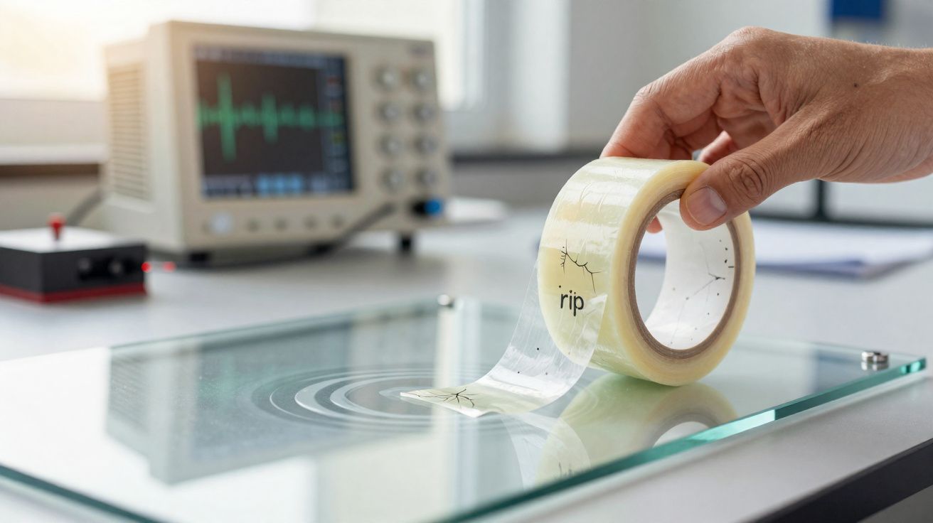 Mão segurando fita adesiva transparente com desenhos de rachaduras sobre vidro rachado em mesa de laboratório.