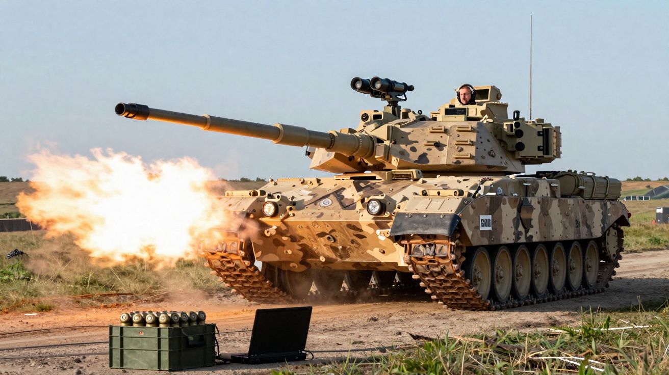 Tanque de guerra camuflado disparando projétil em campo aberto, com caixa de munição ao lado.