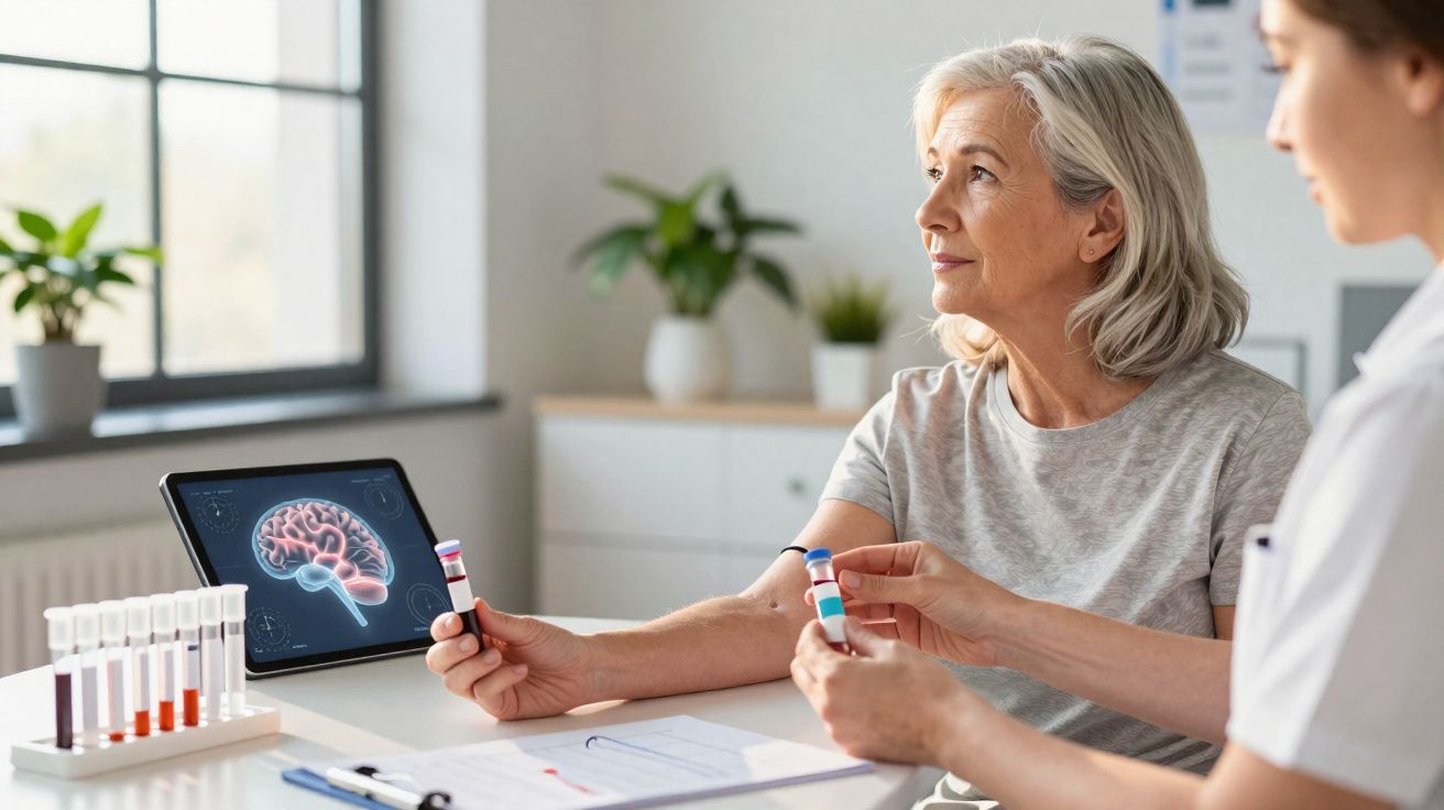 Paciente idosa realizando exame de sangue com profissional de saúde em consultório moderno.