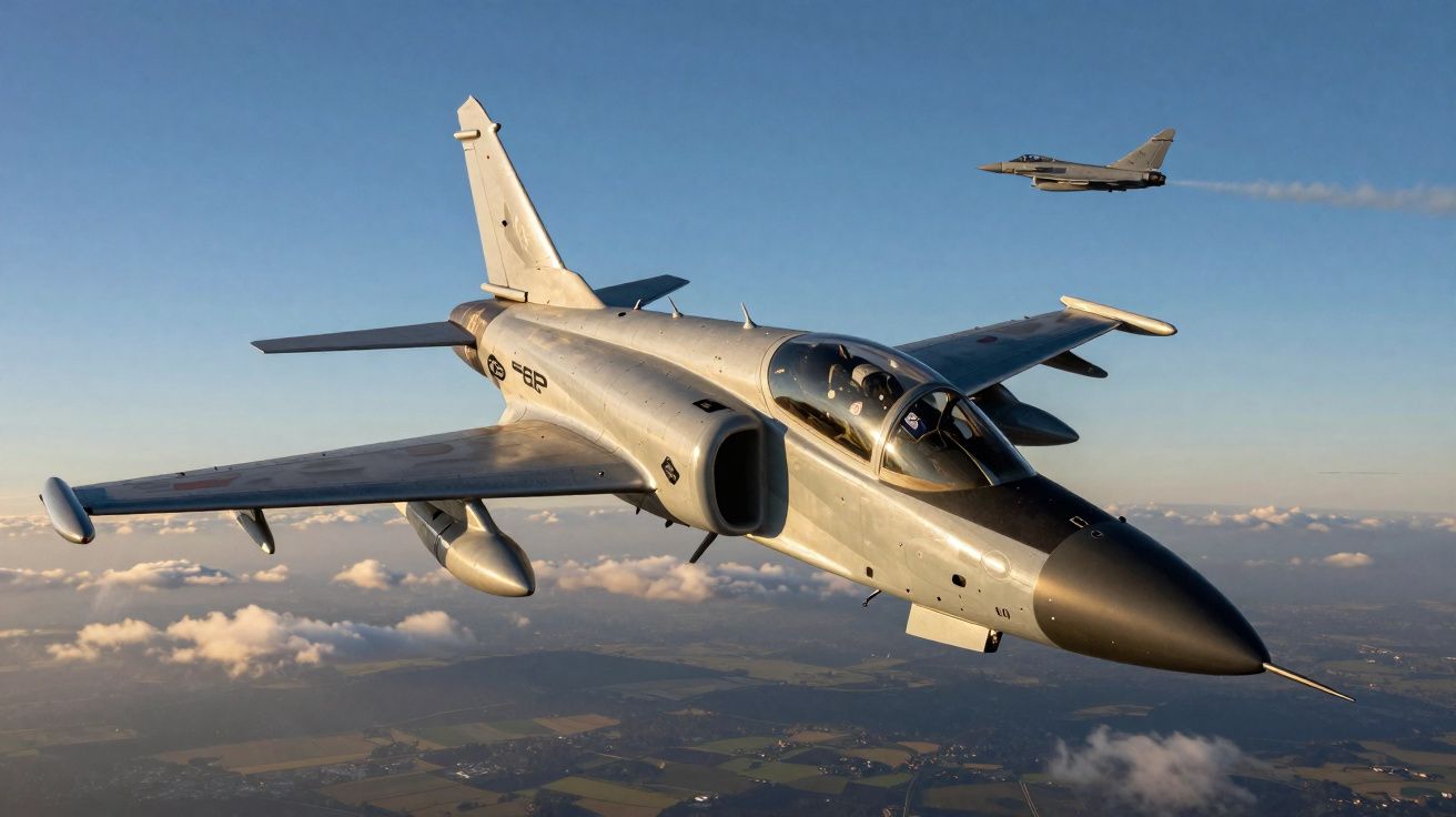 Dois caças militares voando sobre a paisagem com céu azul e nuvens ao fundo.