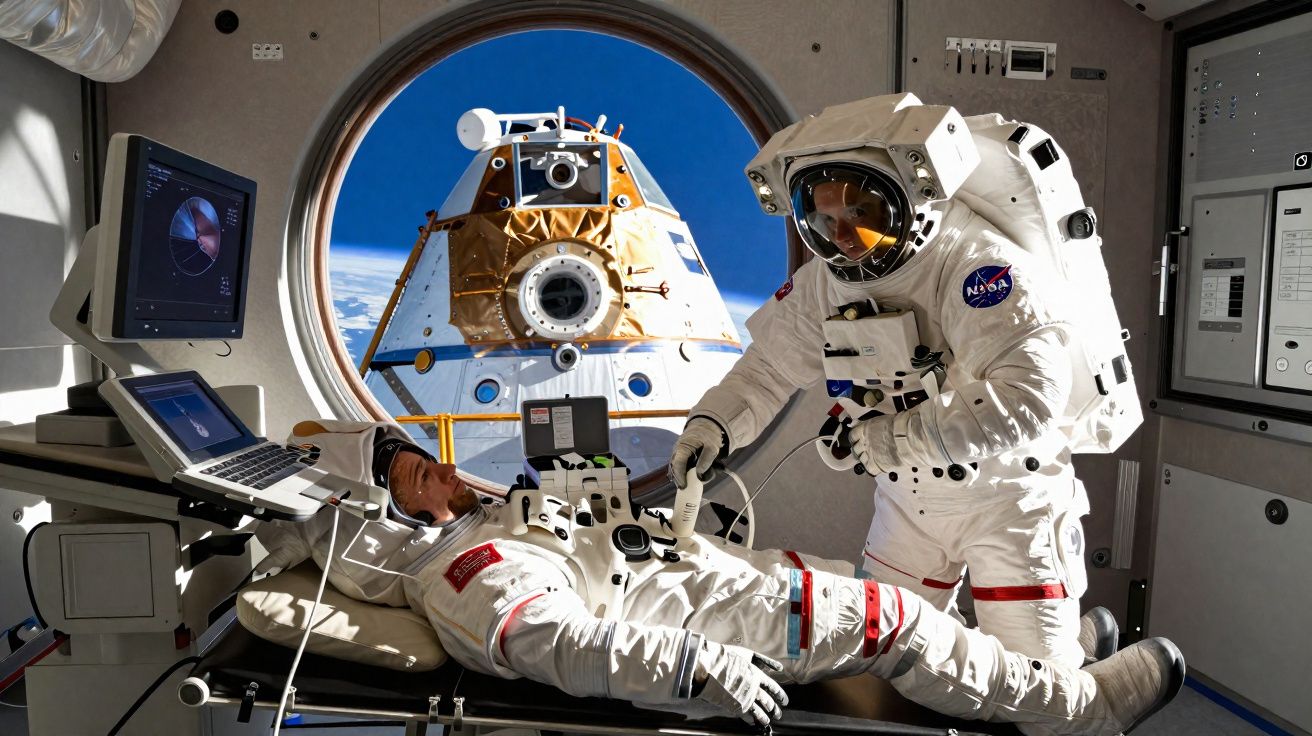 Dois astronautas dentro de módulo espacial, com nave vista pela janela circular ao fundo.