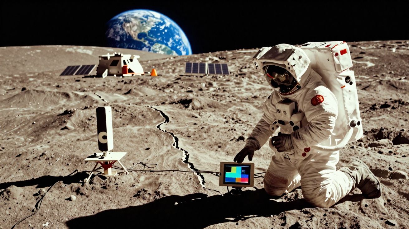 Astronauta agachado na superfície lunar com Terra visível no fundo e equipamentos científicos ao redor.