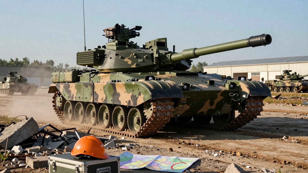 Tanque de guerra camuflado em ação em terreno aberto com capacete laranja e mapa no chão.