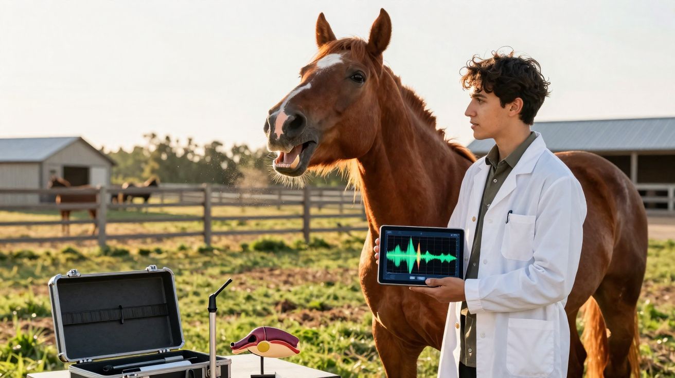 Veterinário com tablet analisando sons respiratórios de cavalo em clínica ao ar livre.