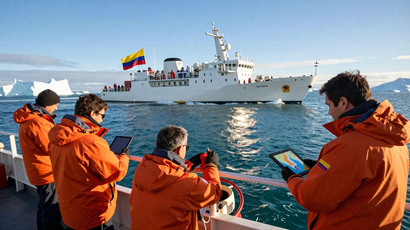 Quatro pessoas com jaquetas laranja em barco observam navio branco com bandeira da Colômbia em mar gelado.