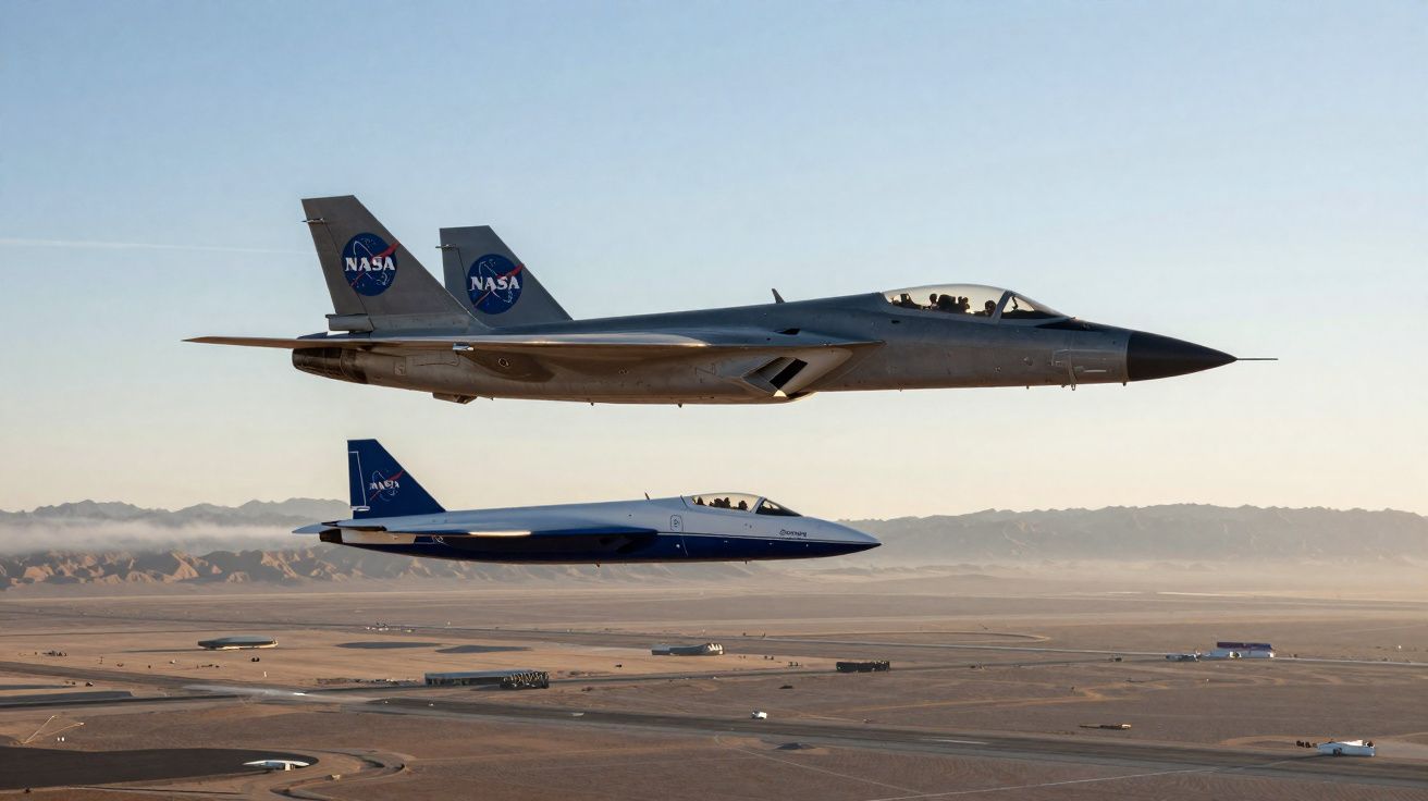 Dois aviões experimentais da NASA voando sobre um deserto com montanhas ao fundo.