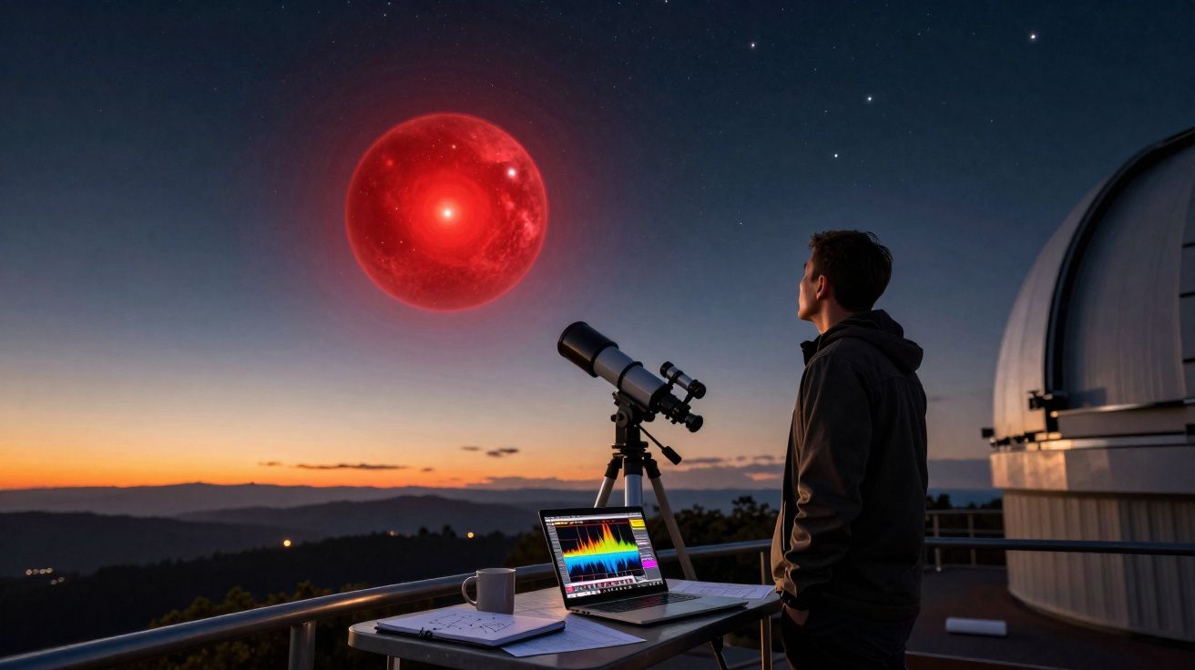 Homem observa objeto celeste vermelho com telescópio e laptop ao entardecer em observatório.