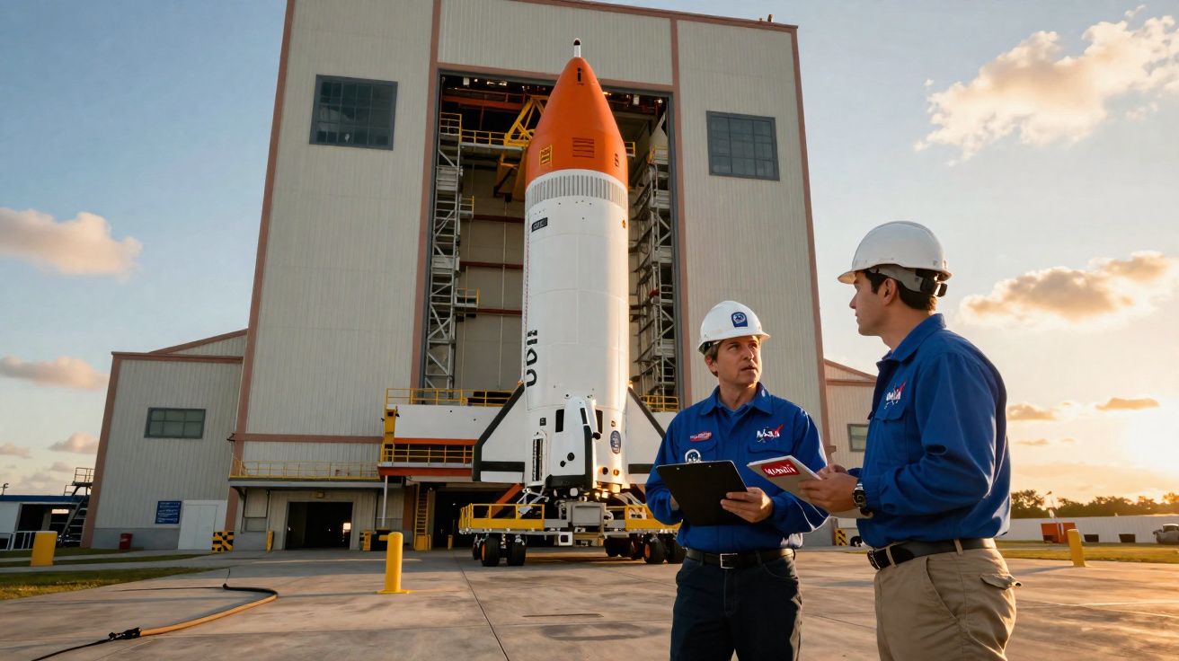 Dois engenheiros com capacetes discutem em frente a um foguete na área externa de um prédio industrial.