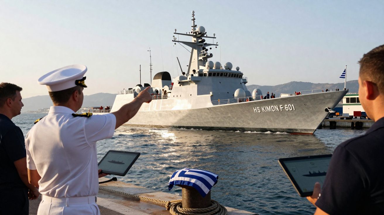 Navio de guerra HS Kimon F 601 chegando ao porto com tripulação observando na beira da água.