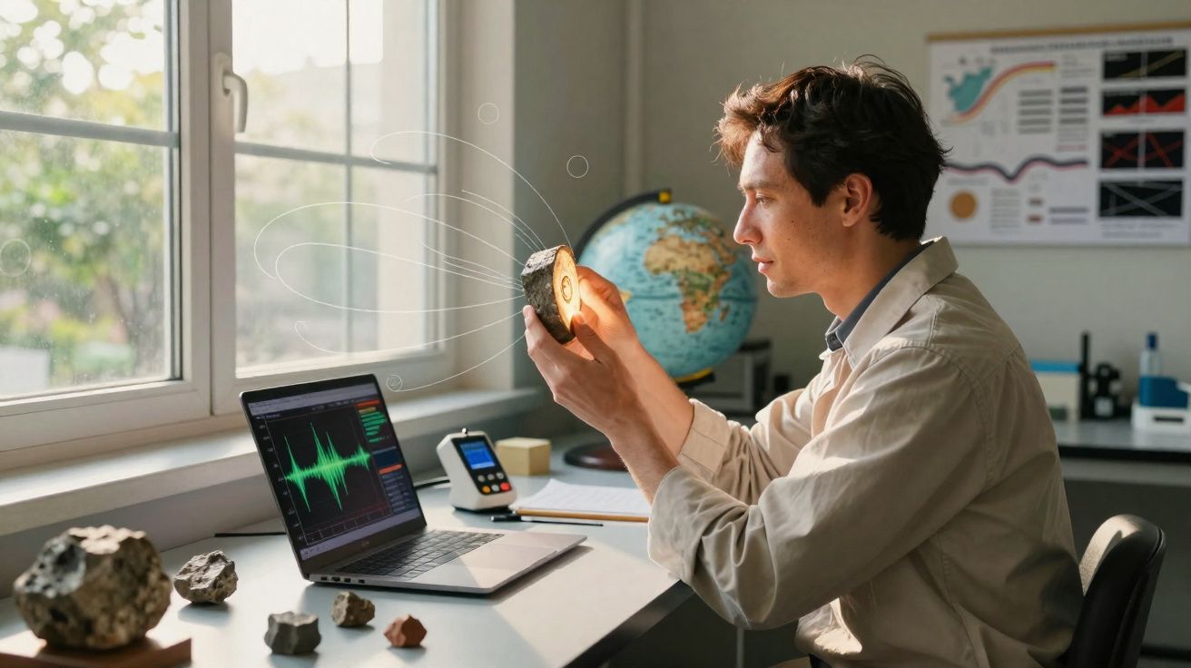 Jovem cientista analisa amostra de minério com laptop e instrumentos em laboratório iluminado pela janela.