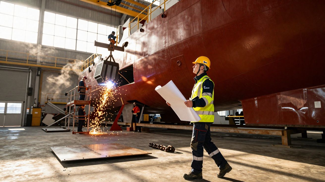 Homem com capacete e colete refletivo segurando plantas ao lado de grande casco de navio em construção.