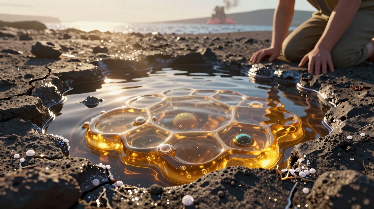 Formação de bolhas douradas em poça na praia com pessoa agachada ao fundo durante pôr do sol.