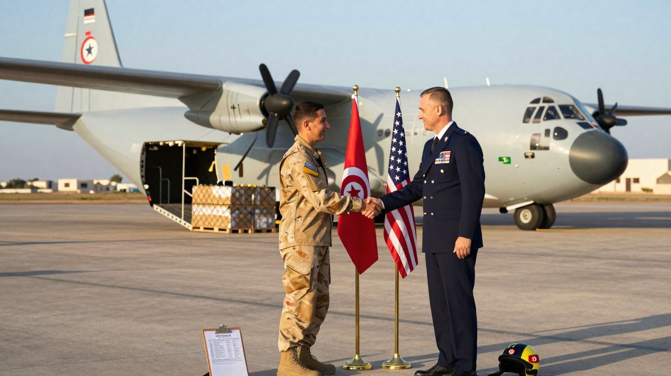 Dois militares de países diferentes apertando as mãos em frente a uma aeronave cargueira com bandeiras da Tunísia e dos EUA.