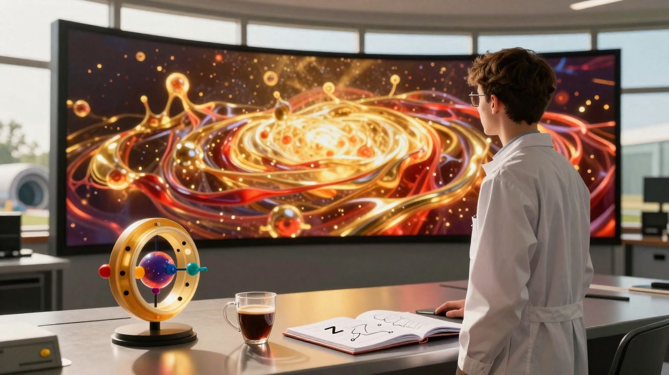 Jovem cientista observa tela curva com visualização colorida de galáxia em laboratório moderno.