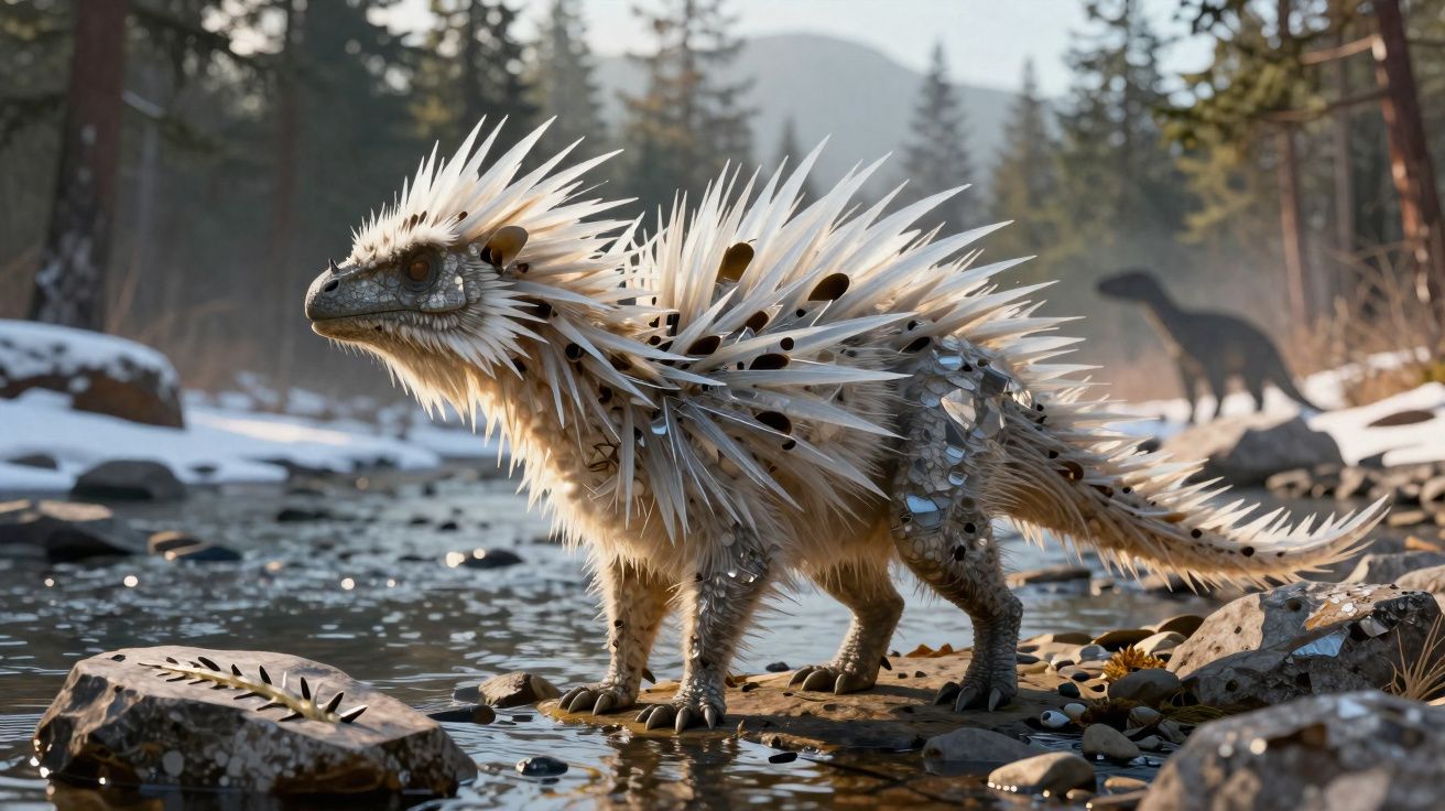 Dinossauro com espinhos brancos e pretos na pele, em pé sobre pedras em um riacho na floresta.