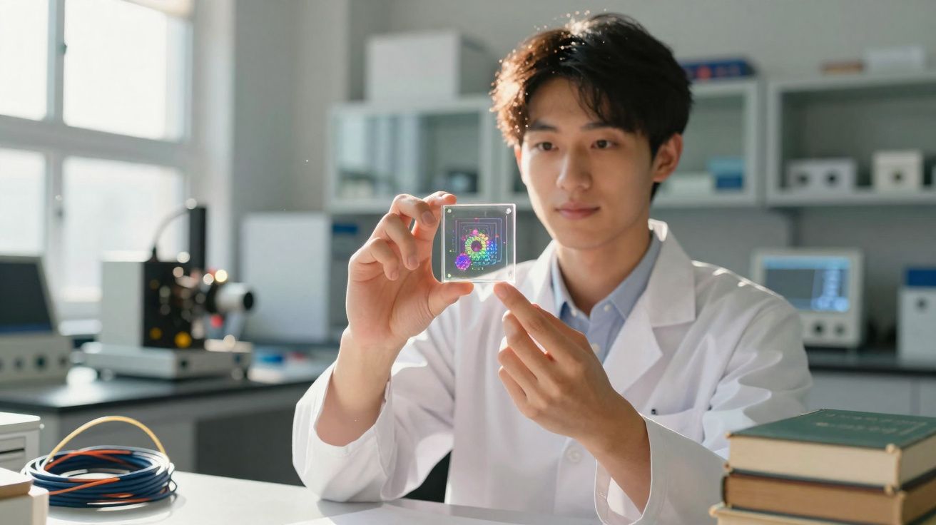 Jovem cientista em laboratório segurando chip transparente com padrão colorido, usando jaleco branco.