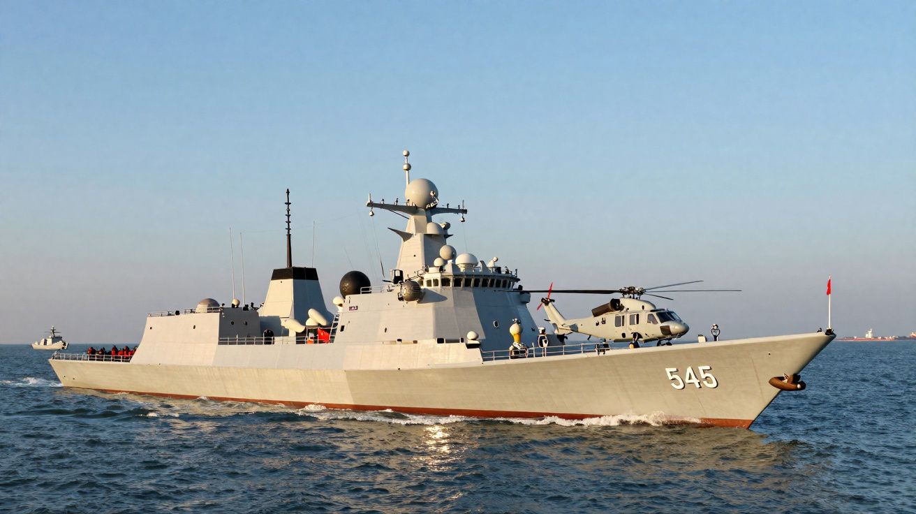 Navio militar cinza com helicóptero no convés navegando em mar calmo sob céu azul claro.