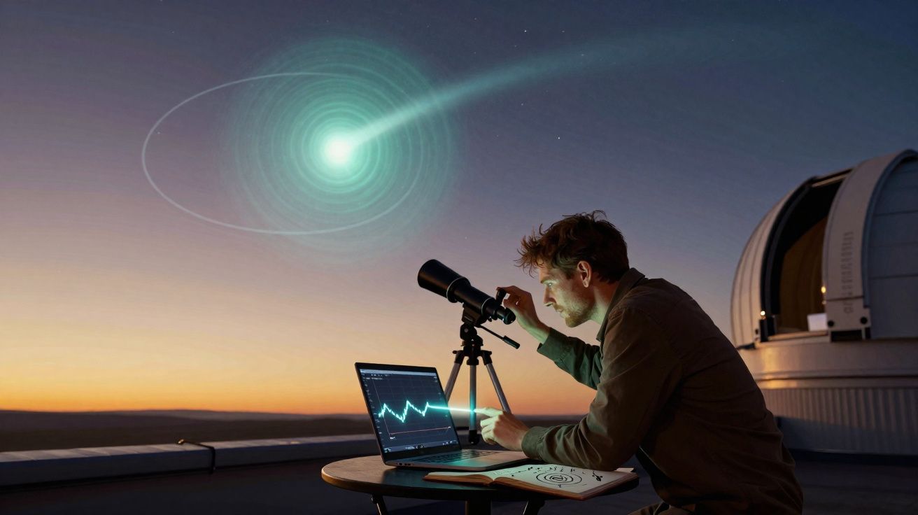 Homem observa céu com telescópio e computador em mesa, analisando fenômeno brilhante no entardecer.