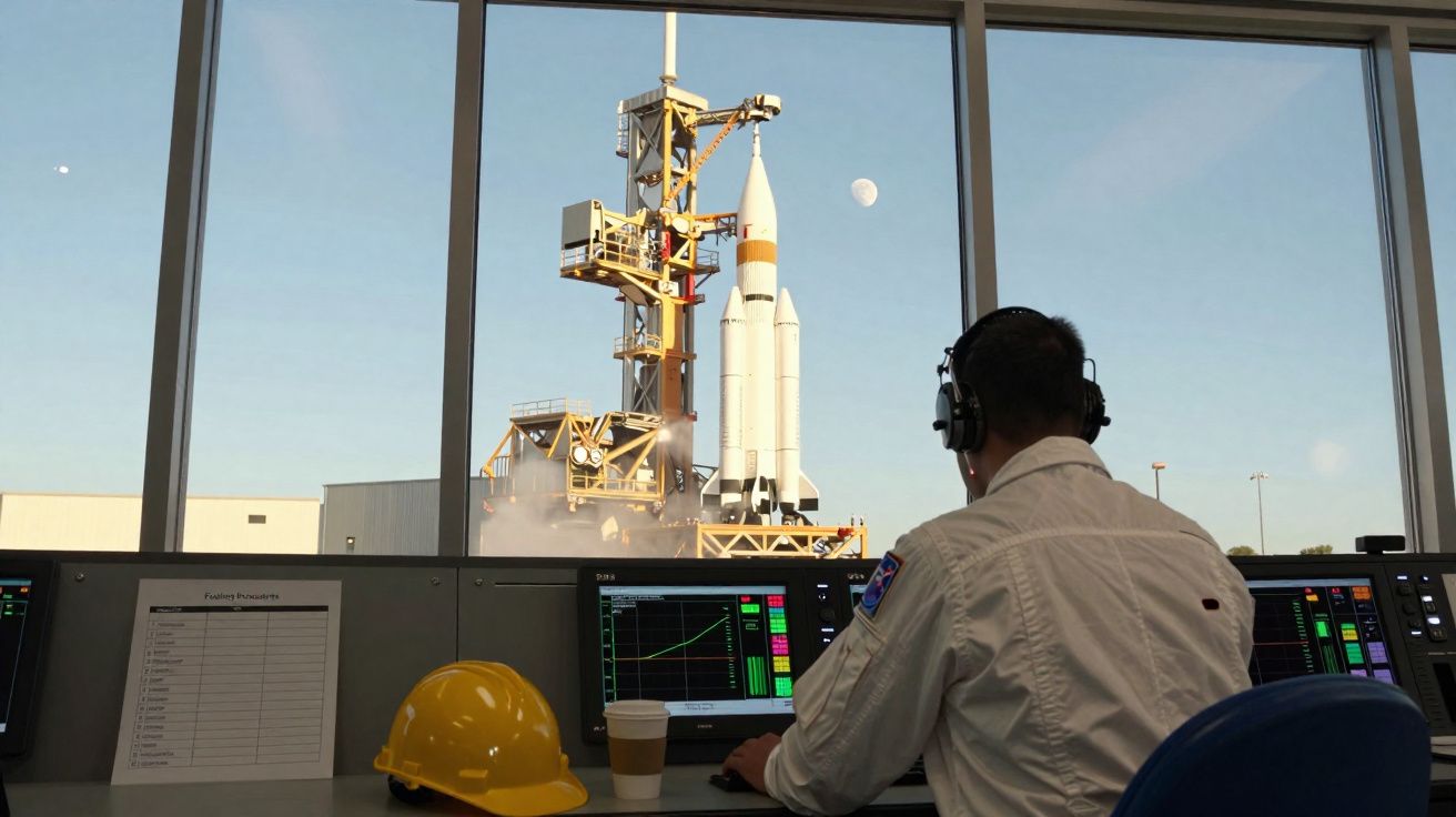 Homem com fone em sala de controle observa lançamento de foguete na plataforma externa durante o dia.