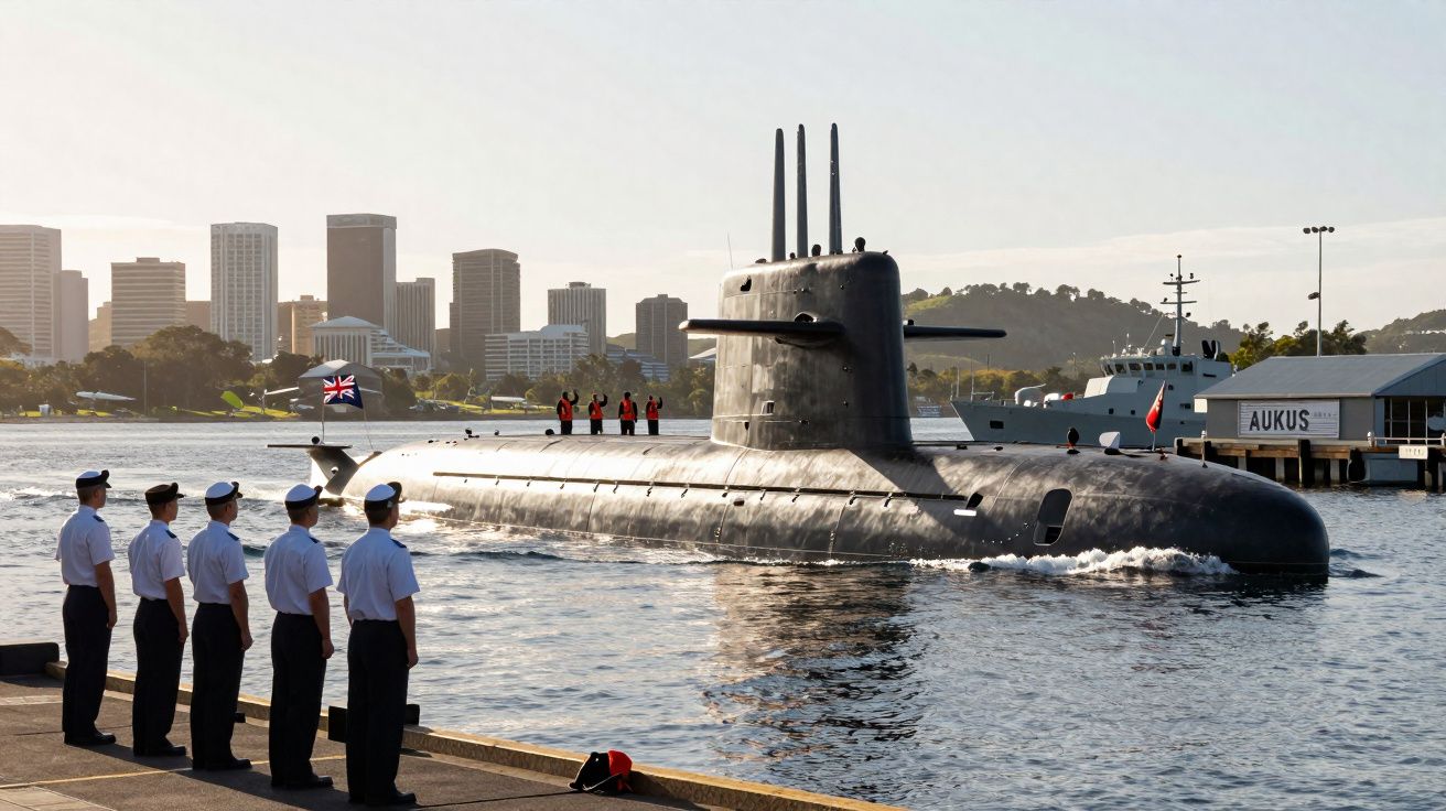 Submarino militar preto navegando próximo a um cais com seis marinheiros observando ao fundo cidade e outros barcos.