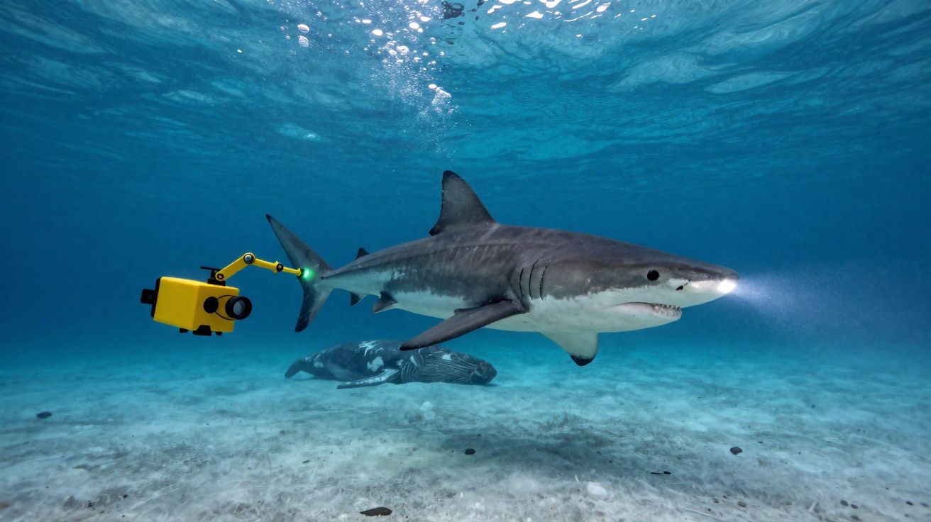 Tubarão nadando próximo ao fundo do mar com câmera robótica amarela fixada na cauda.