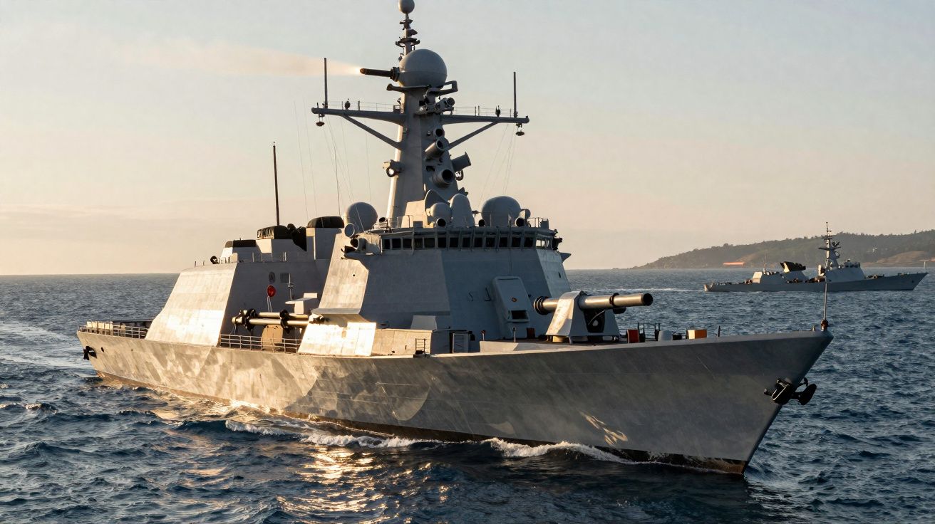 Navio de guerra cinza navegando em mar calmo ao pôr do sol com segunda embarcação ao fundo.